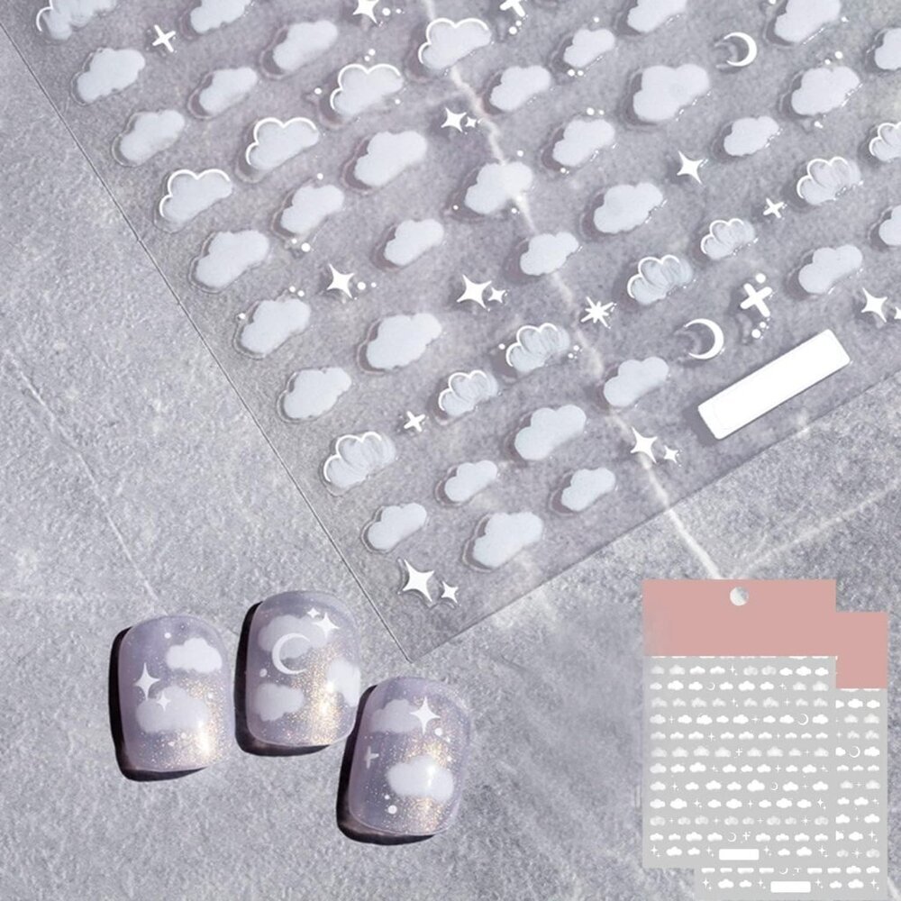 Night Sky Nail Art Sticker Decals 3D White Moon Star Cloud Pattern Nail Tips Sem
